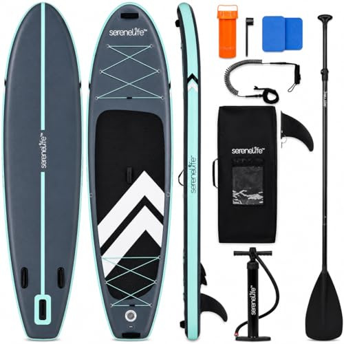 SereneLife Tabla Paddle Surf Hinchable, Ultra Ligera, Diseño Extra Ancho y Estable, con Almohadilla de Cubierta EVA Antideslizante, para Jóvenes y Adultos, Capacidad de 158.7kgs
