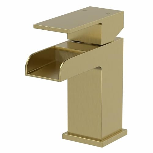 Architeckt® Dakota Bathroom Waterfall Basin Sink Mixer Tap Modern Mono Square Single Lever Handle Faucet for Sinks, Brushed Brass