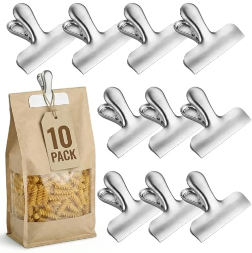 OAMCEG 10 Stück Klammern Metall Verschlussklammern Edelstahl 76 mm, Silber | Wiederverwendbare, Verschlussclips für Beutel und Lebensmittel, Metallclip mit starker, Klammerkraft für Küche, Büro, Reisen