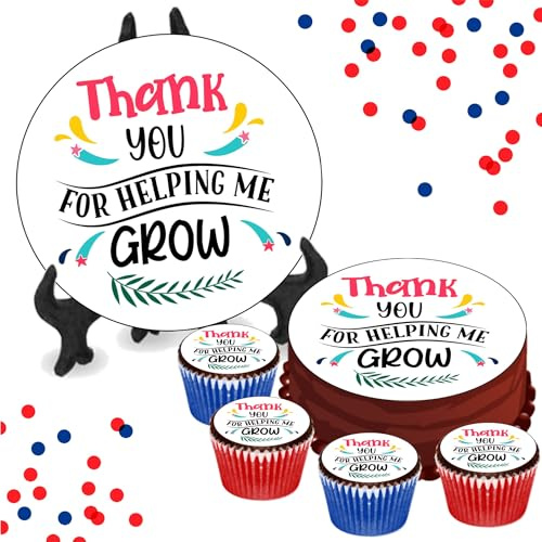 Thank You For Helping Me Grow - 8 INCH Cake or Cupcake Icing Toppers - Teacher Thanks Cake Decorations Perfect For Brownies Cookies Muffins & More! (6 x Circle Cupcake Toppers (7.5cm x 7.5cm))