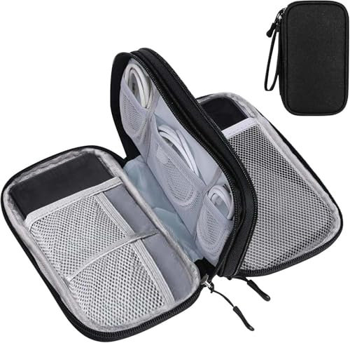 Travel Cable Organiser Bag, Portable Electronics Travel Organizer Tech Pouch, Universal Cord and Travel Gadgets Cable Pouch for Cables Power Bank Earphone USB Drive Hard Disk (Double-Layer Black)
