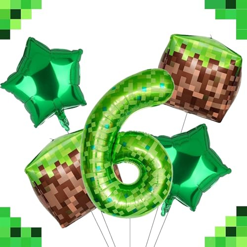 Ovanda Luftballon 6,Pixelmotiv Riesige Grüne Pixel Miner Thema Zahlenballon | Thema Zahlenballon, Grasblöcke Luftballon, 5 Stück 100 CM XXL Folienballon 6, Geburtstagsdeko 6 Jahre Junge, Luftballon Grün