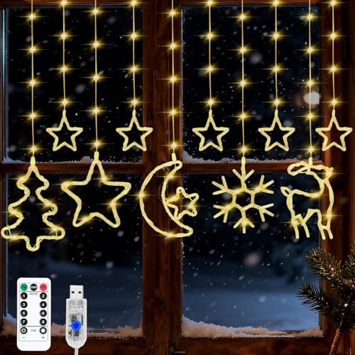 Weihnachtsbeleuchtung Fenster Lichtervorhang Innen, 3M LED Weihnachtsdeko Fenster Beleuchtet, Schneeflocken Stern Weihnachtsbaum Lichterkette Deko, Fensterbeleuchtung Weihnachten, Warmweiß USB