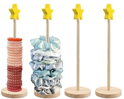 4 Pièces Support de Chouchou en Bois,Verticaux Presentoir Chouchou Organisateur de Cravates pour Cheveux pour filles et femmes,pour chambre à coucher, salle de bain et magasin, hauteur 26 cm