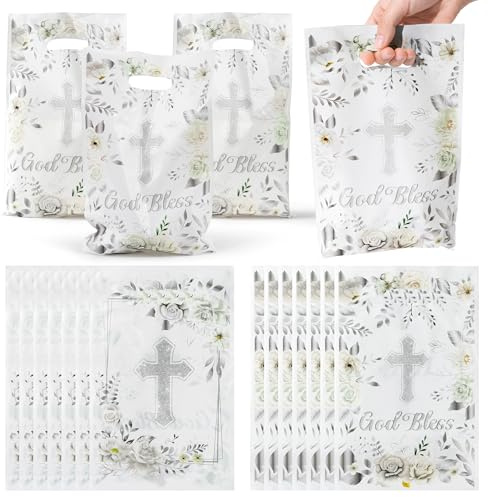 2ooya 50 Stück Geschenktüte für Weihnachtstüte Erstkommunion Religiöse - Bibelvers Kreuz-Blumen-Design Tüten Gastgeschenke, Mitgebsel Partytüten mit Griff für Geburtstag Kommunion Taufe Sonntagsschule