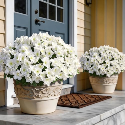YXZZWL 8 Bundles Artificial Flowers for Front Door, Fake Silk Azalea Bouquet Silk Flowers for Outside UV Resistant Realistic Faux Plants for Planter Farmhouse Patio Garden Walkways Home Decor (White)