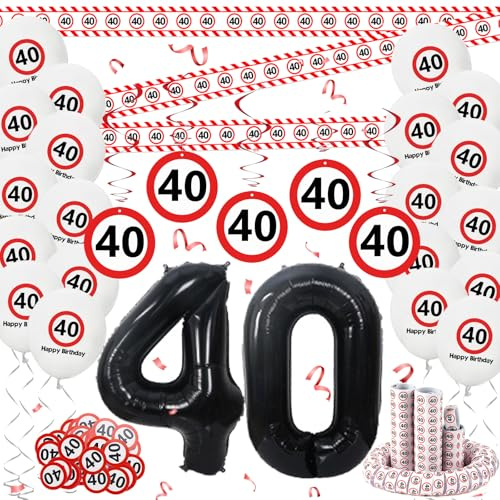 Whimzey Verkehrsschild Deko 40 Geburtstag Mann Frau,40 Geburtstag Deko Set,40 Geburtstag Männer Frauen Geburtstagsdeko mit Zahl 40 Folienballon, Absperrband,Konfetti,Luftschlangen,Luftballons,Spiralen