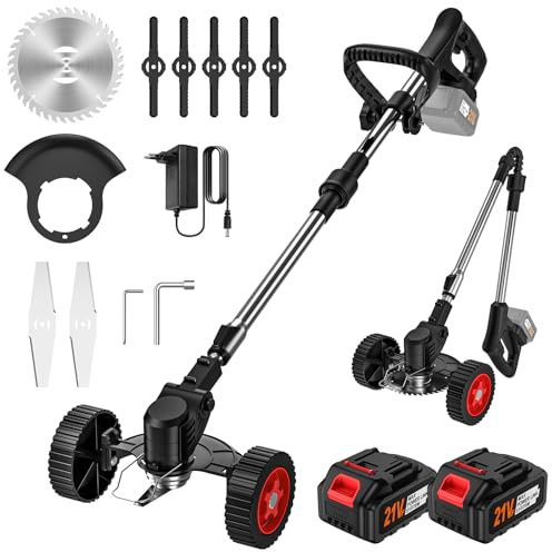 Desbrozadora eléctrica inalámbrica, corte de borde inalámbrico con 2 pilas 3,0 AH, 3 tipos de cuchillas, 18000 TR/Min, desenrolladoras batería plegable para jardín, césped y deshierbe (2 baterías)