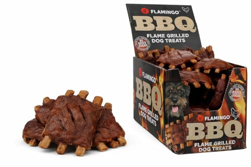 Snack per cani - Bastoncini per cani - Flamingo BBQ Ribs con pollo L - 7 x 5 x 1 cm - 1,9 kg display - ricco di proteine - senza glutine - senza cereali - senza zuccheri aggiunti