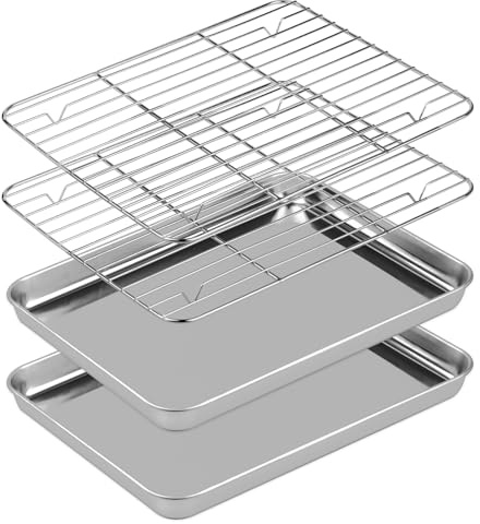 Backblech mit Gitter Set, 2 Edelstahl Backbleche + 2 Abkühlgitter, 31,5 x 24,5 x 2,5 cm, Rechteckiges Ofenblech mit Kuchengitter, Rostfrei, Ungiftig, Spülmaschinenfest, für Backen, Grillen, Braten