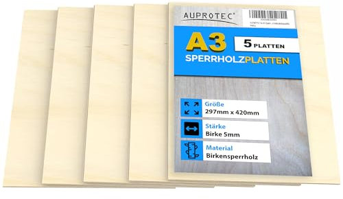 AUPROTEC 5x A3 Sperrholz-Platten Birke 5mm Multiplexplatten (297 mm x 420 mm) Bastel- und Laubsäge-Holzplatten Birke Massiv Multiplex Holz Industriequalität