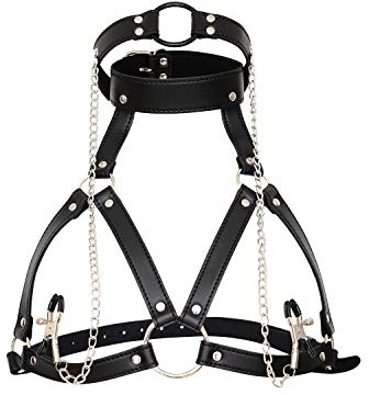 Hanyi Damen Leder BH SM Knebel mit Nippelklemmen Fetisch Bondageset Sexspielzeug, Schwarz