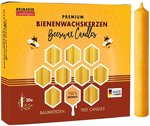 BRUBAKER 20er Pack Baumkerzen 100% Bienenwachs Weihnachtskerzen Pyramidenkerzen Christbaumkerzen Honig-Gelb