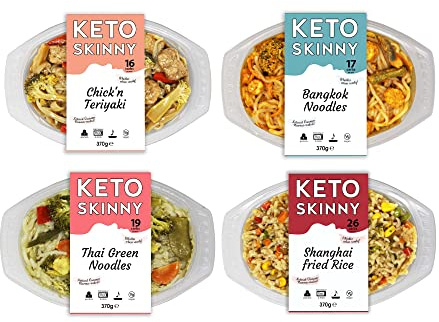 Keto Skinny Chilled Meal (Teriyaki Chick'n, Bangkok, Thai Green,Shanghai Fried Rice) 370g x 4 - Low-Calorie Microwaveable Meal - High Protein Konjac Flour Keto Diet Ready to Eat Meals