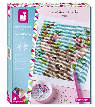 Janod - Peinture Diamant Cerf - Les Ateliers du Calme - Kit Loisir Créatif Enfant - Apprentissage Motricité Fine et Concentration - Dès 8 ans, J07948