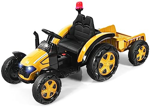 COSTWAY 12 V elektrisk traktor för barn med avtagbar släpvagn och 2,4 G fjärrkontroll, sitttraktor 3–8 km/h med varning, horn, musik, mugghållare, lämplig för barn från 3 år (gul)
