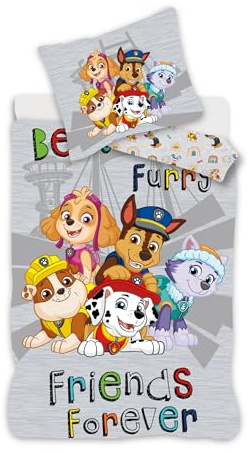 PAW PATROL Bettwäsche für kleines Bett, wendbarer Bettbezug 100 x 135 cm + Kissenbezug 40 x 60 cm, 100 % Baumwolle, mit Chase, Marcus, Ruben, Stella und Everest | Wendbare Baby-Bettwäsche | Naturbaumwolle weich atmungsaktiv | Rubble Stella Everest Nickelodeon | 0-3 | Maschinenwaschbar