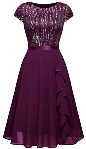 Vestido De Lentejuelas Manga Corta Vestido De Gasa De Fiesta Rosa Elegante Camiseta Sin Mangas A Media Pierna para Mujer-Fucsia-L