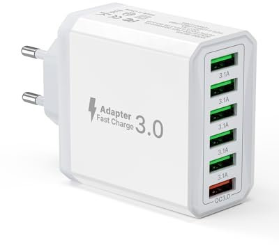 33W Caricatore USB, 6 Portos Caricabatterie Multipla con QC3.0 Per iPhone 15 Pro Max 14 Plus 13 12 11 SE XR, iPad Pro, Samsung, Spina Carica Rapido Adattatore Alimentatore Presa Muro Ricarica