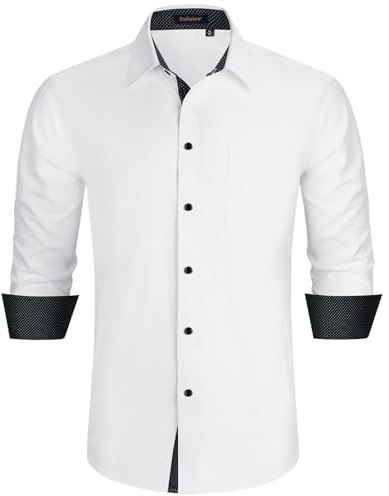 Enlision Shirts for Men Adult White Black Formal Dress Shirts Long Sleeve UK Non Iron Buttoned Spread Collar with Pocket for Suit Evening Dinner L