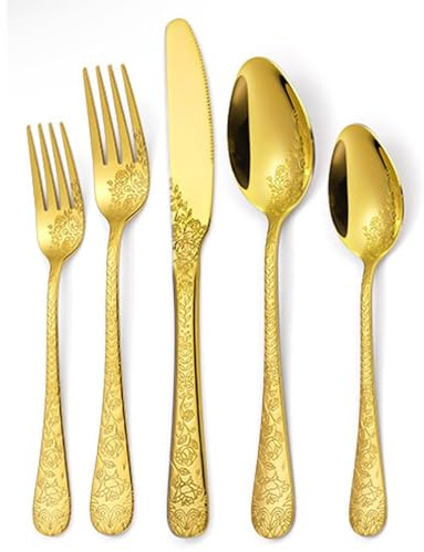 Vintage Carving Kitchen Stainless Steel Silverware Tableware Flatware Cutlery Knives Forks Spoons Set Home Steak Knife Dessert Spoon (Gold,5 Pieces)