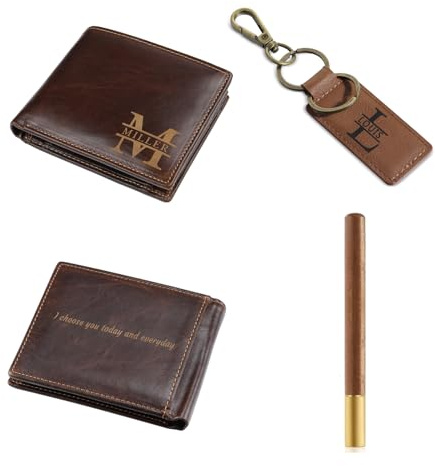 Glimmerday 3 in 1 Leder-Geschenk-Set für Männer mit schönen Geschenk-Box benutzerdefinierte Brieftasche benutzerdefinierte Schlüsselanhänger Signatur Stift, Valentinstag Freund Geschenk-Box
