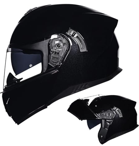 RYDZCLH Casques De Moto Casque De Moto Modulaire Casque De Moto Casque De VTT avec Double Visière Casque Intégral Rabattable Casque De Moto Approuvé Dot,Bright Black,XL 59~60cm