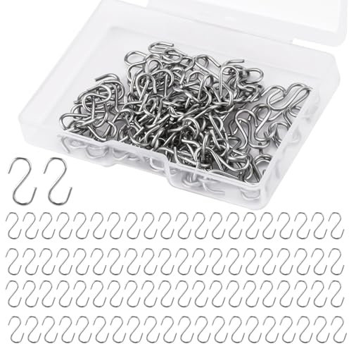 NQEUEPN 100pcs Small S Shaped Hooks, Mini Stainless Steel Hooks with Storage Box for DIY Crafts, Jewelry, Key Chain Tags (Silver)