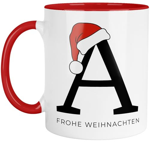 Weihnachts-Monogramm-Tasse Weihnachten Nikolaus - Monogramm - Anfangsbuchstabe - Frohe Weihnachten - Merry Christmas - Glühweintasse Becher Personalisiert (Tasse Innen & Henkel - Rot)