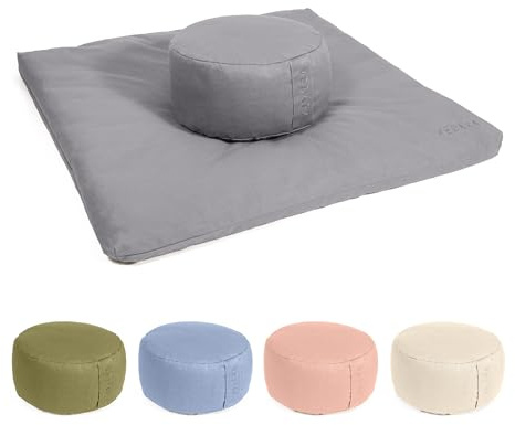 Vedara® Meditationsset Yogakissen Meditationsmatte Zabuton Kissen Rund – Waschbarer Bezug aus 100% robuster Baumwolle – Yoga Sitzkissen mit Bio-Dinkelspelzfüllung – Sitzhöhe 15cm