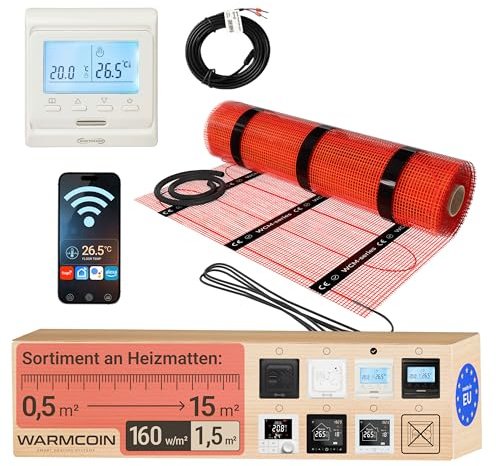 Warmcoin Elektrische Fußbodenheizung Komplettset 160 W/m² – Selbstklebende Heizmatte für Fliesen, Laminat, Vinyl & Parkett – 1,5 m² (0,5 x 3 m) – Inkl. WLAN-Thermostat W51 Weiß
