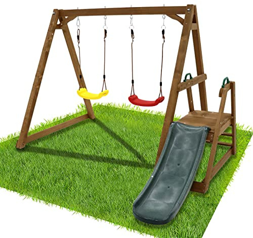 POPUQUEEN Kids Swing Set Outdoor and Slide - Sturdy Solid Wood Swing Frame with Climbing Ladder - Natural