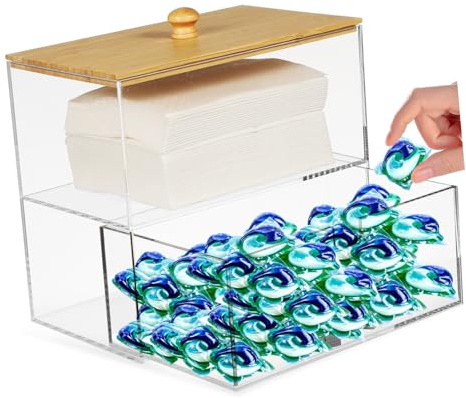 MAGICLULU Organizador de Almacenamiento Doble Compartimento y Alta Transparencia Tapa de Acrílico y Bambú para Lavandería Adecuado Cuarto de Lavado