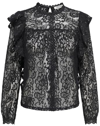 Onlnew Karo Ls spets ruffle Top WVN, svart, S