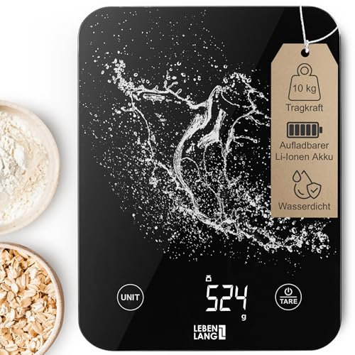 LEBENLANG Digitale Waage Küchenwaage Wasserdicht - USB Aufladbar & Inkl. Ladekabel I Bis 10 Kg I Waage Küchenwage für Food & Kitchen Scale I Elektronische Kuchenwagee Digitalwaage Küchenzubehör