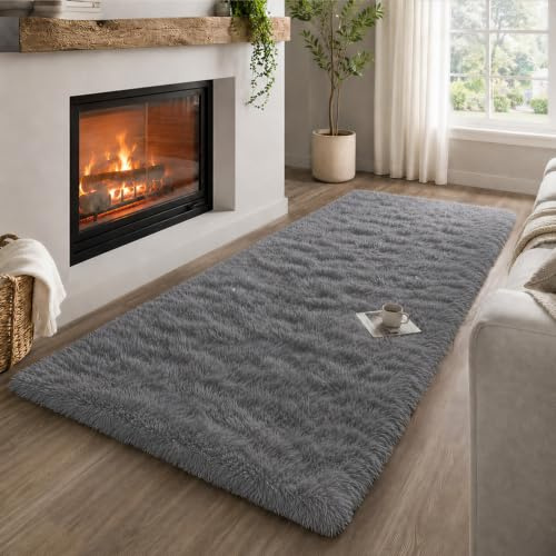 OuTanTe Hochflor Teppich Läufer 80x150cm, Grau Shaggy Flauschig Teppich Wohnzimmer rutschfest für Flur Schlafzimmer Kinderzimmer, Modern Wohnzimmerteppich Bettvorleger High-Pile Carpet