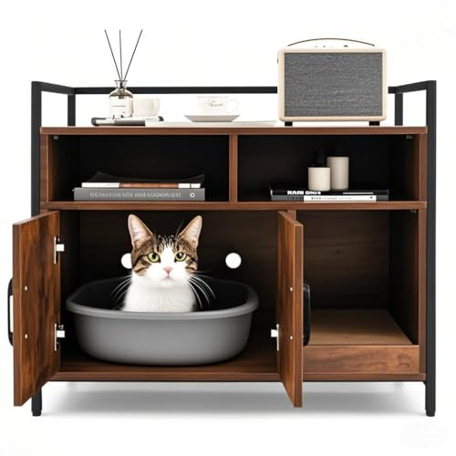 SOARS Katzenschrank für Katzentoilette mit Kratzmatte,89 x 45 x 74,5 cm Katzenhaus mit offenen Regalen & 2 Fächern & hohe Beine, Katzenklo Schrank Katzenmöbel für Wohnzimmer,Flur,Eingang (Kaffee)