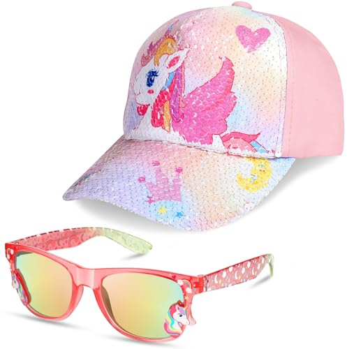 BTHRORO Berretti e Cappellini per Bambina Occhiali da Sole Set, Regolabili Unicorno Cappello da Baseball Occhiali da Sole Bambina Protezione per Ragazze