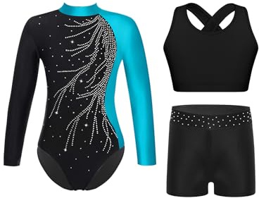 Yruioon 3Pcs Mädchen Turnanzug Langarm Gymnastikanzug Glitzer Ballettanzug + Sport BH Tops + Shorts Gymnastik Leotard Wettbewerb Tanzkostüm