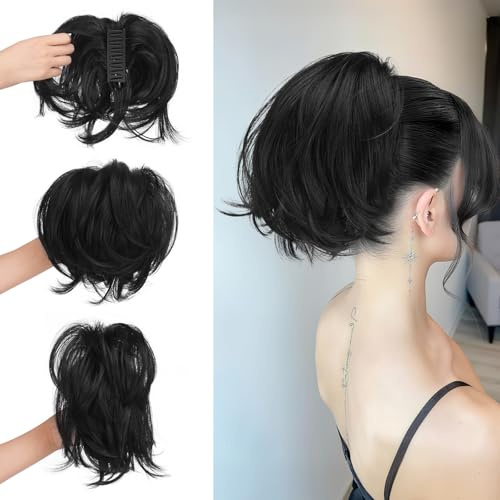 Sofeiyan fläta hårstycke med klämma, kort hästsvans hårförlängning med integrerad flexibel tråd för gör-det-själv-styling, slätt syntetiskt hår ponytail förlängning, peruk för kvinnor, svart