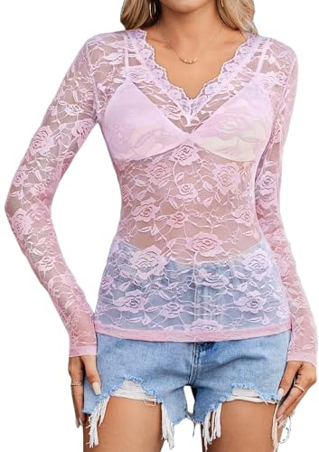 Avidlove Lace Tops for Women Long Sleeve Going Out Sheer Undershirt Crop Top V Neck Mesh Floral Blouses Tee Shirt Pink XL