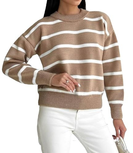Suéter de Cuello Redondo a Rayas para Mujer, Jersey Informal de Punto Acanalado Grueso, Bonito, Manga Larga, Moderno, con Rayas Caqui y Blancas, Talla pequeña