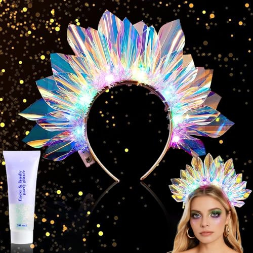 Shinybox Leuchtendes Stirnband,LED Krone Haarreif und Body Glitter Gel 50ml, Kronen-Stirnband, Leuchtend Festival Kopfschmuck für Karneval Festival Maskenball Geburtstag
