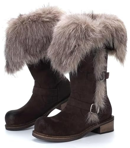 GHTRHSB Bottes de neige mi-mollet pour femme en fausse fourrure - Chaudes et repliables - Antidérapantes - Talon bas - En daim synthétique, café, 36.5 EU