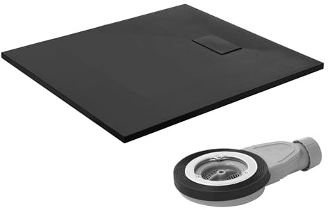 LuxeBath Duschwanne 100x90 cm Schwarz mit Ablaufgarnitur, Extra flache & robuste SMC Duschtasse, Rechteckige Brausewanne H:30 mm, Design Brausetasse Anti-Rutsch-Oberfläche in Schieferoptik mit Siphon