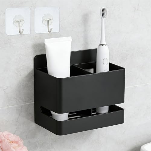 Porta Spazzolino Da Parete In Alluminio Nero, Organizer Bagno 2 Scomparti Con 2 Ganci Trasparenti, 11 x 7 x 9,8 cm, Senza Forare