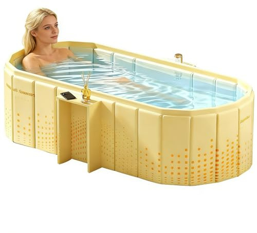 XUDREZ Bärbart badkar vuxna hopfällbart bad stående badkar med förvaringshylla fristående varma isbadkar japansk spa bastu hopfällbar gul – 1,2 m