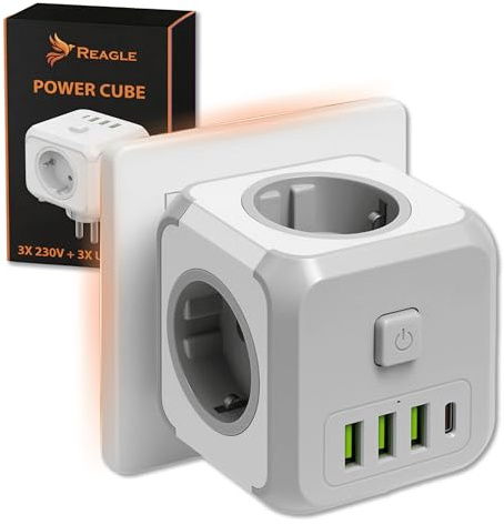 Reagle Mehrfachsteckdose Steckdosenwürfel ohne Kabel, 3 Fach mit USB-A und USB-C Würfel, 2500W Mehrfachstecker Steckdosenadapter Cube mit Schalter, Steckdosenleiste Powercube für Büro Hause Reisen