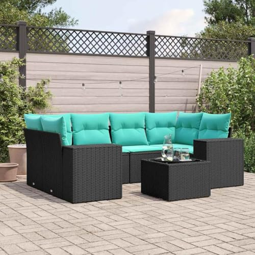 mtlskopl Set di 7 divani da giardino in polyrattan resistente alle intemperie con cuscino blu, gruppo panca angolare 62 x 62 x 69 cm, modulare e salvaspazio per piccoli balconi e terrazze