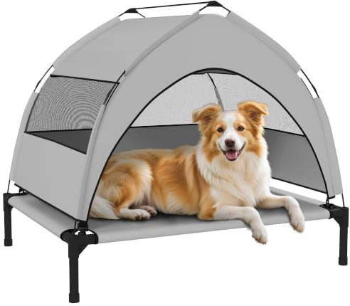 PawHut Hundeliege Outdoor mit Dach Erhöhtes für Hunde 76x61x70cm Hellgrau | für Mittelgroße Hunde, Kühlende Haustierliege mit Stahlrahmen, Aufbewahrungstasche, Haustierbett für Draußen Camping